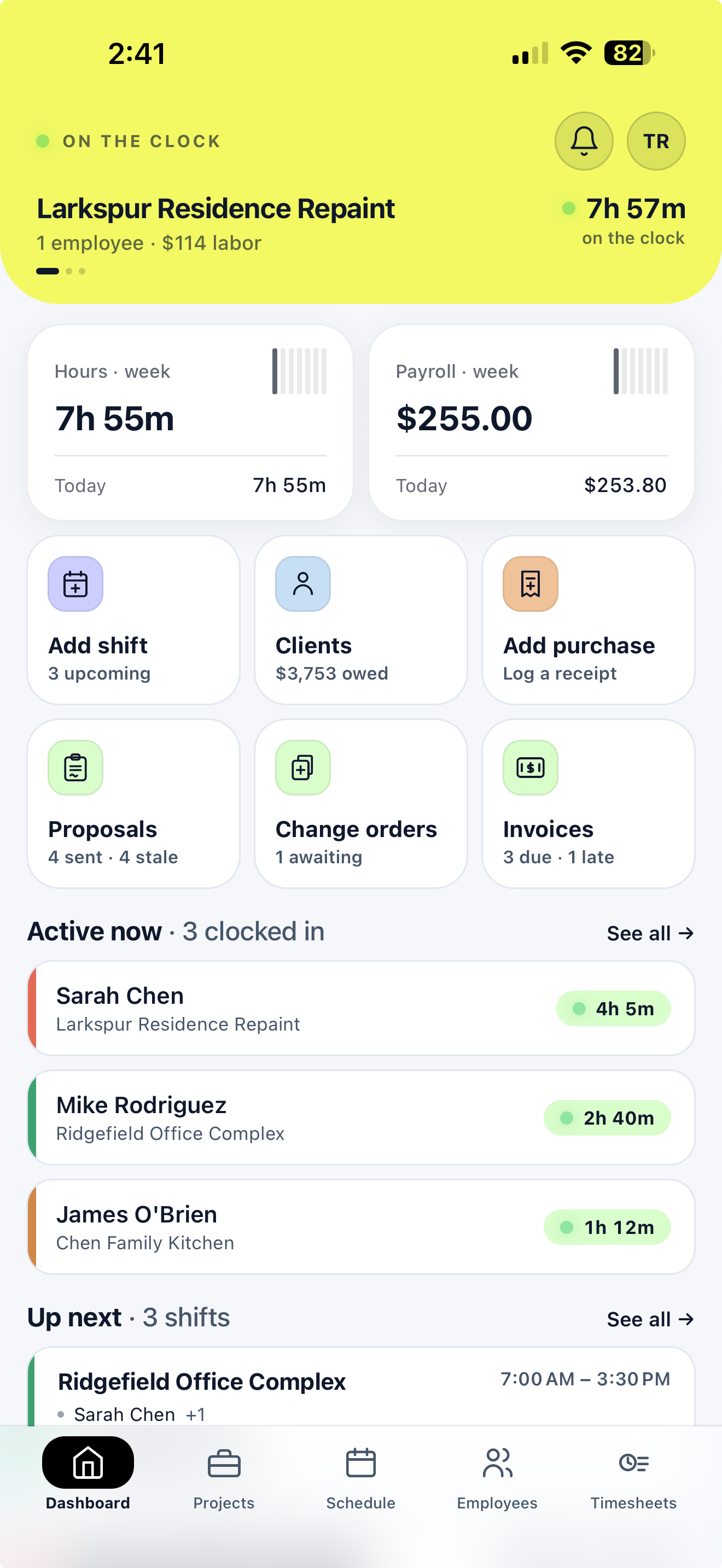 The admin dashboard on a phone — live on-the-clock hero, hours and payroll tiles, who is working now, and what needs attention.